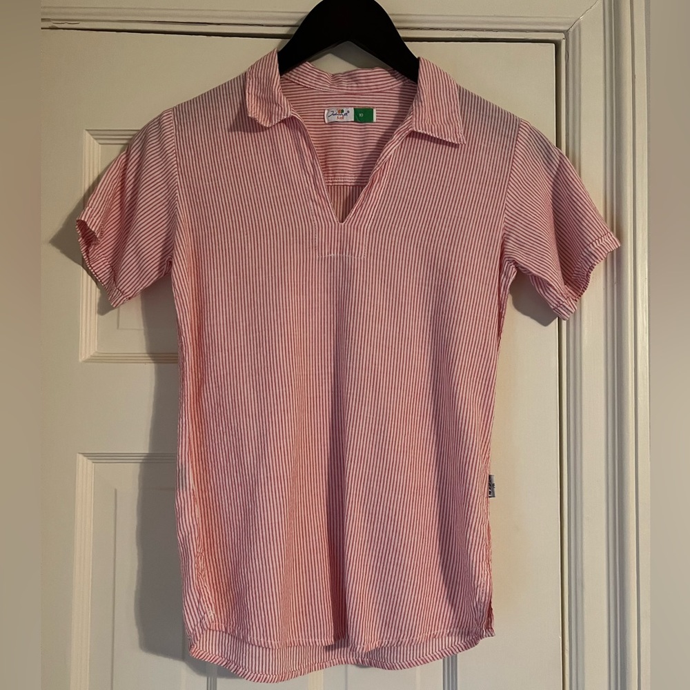 Red and white striped v-neck tunic